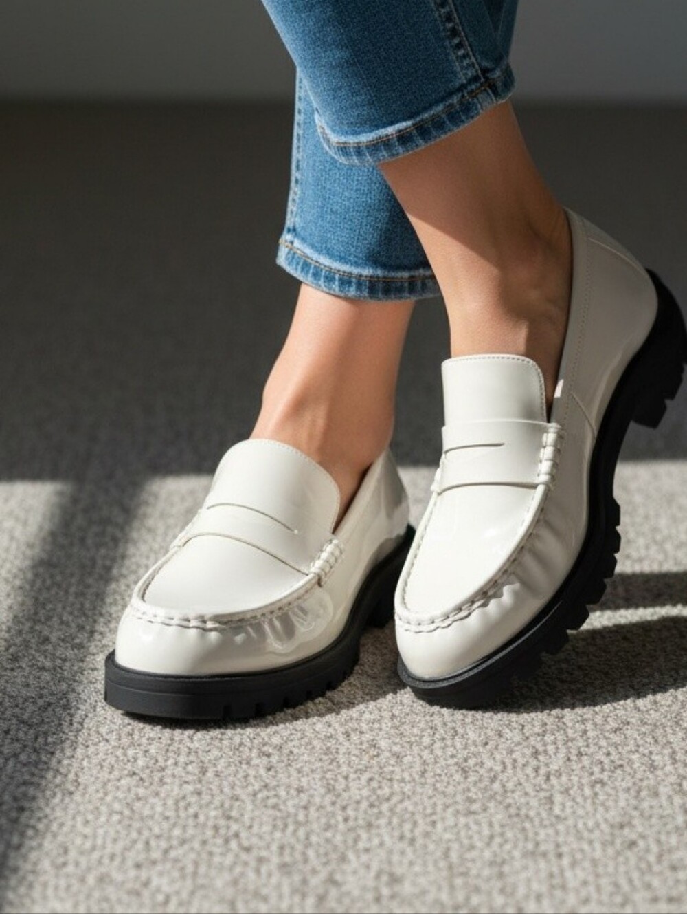 White Leather Penny Loafers with Lug Sole - Women's